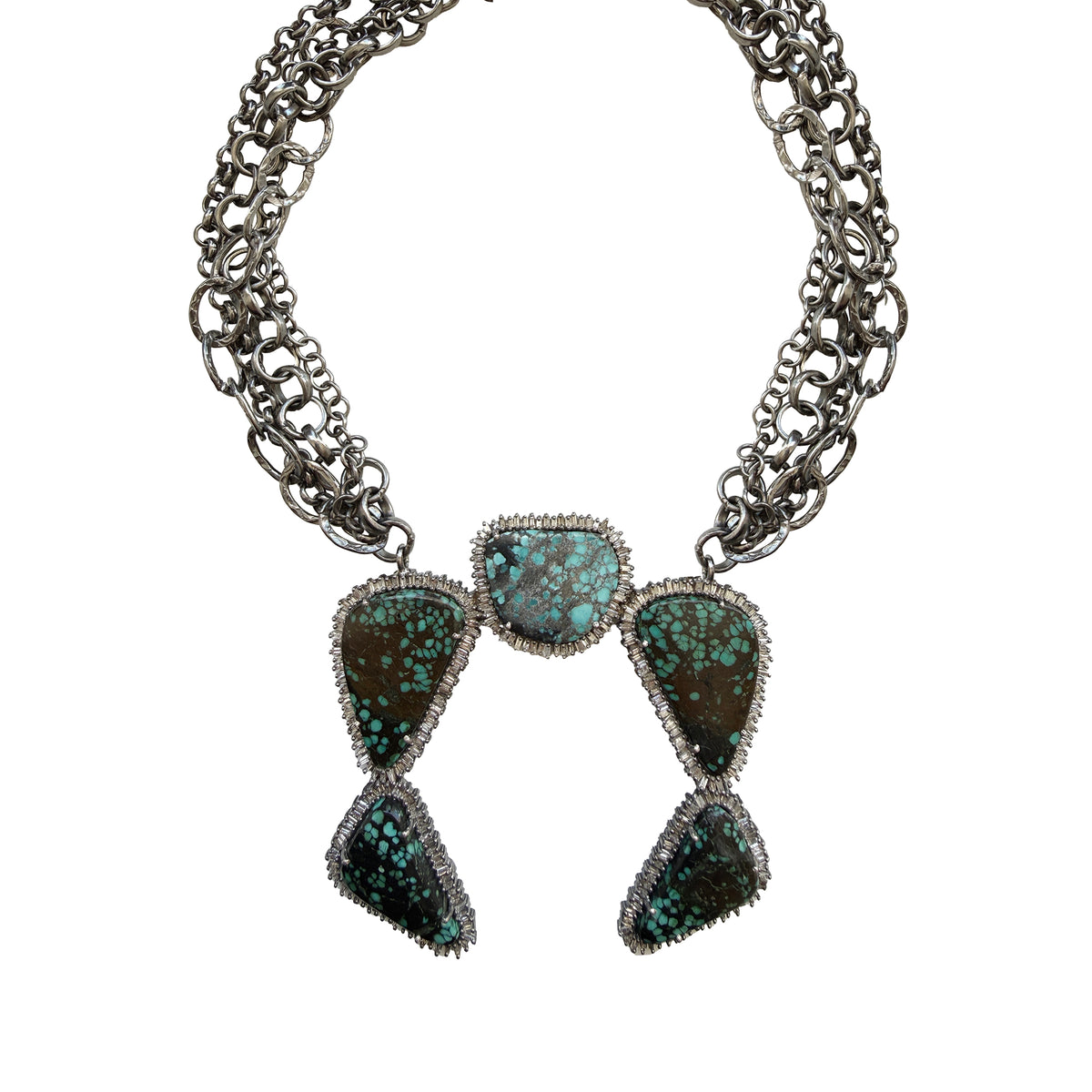 Hubei Black Web Turquoise Baguette Squash Blossom  Necklace